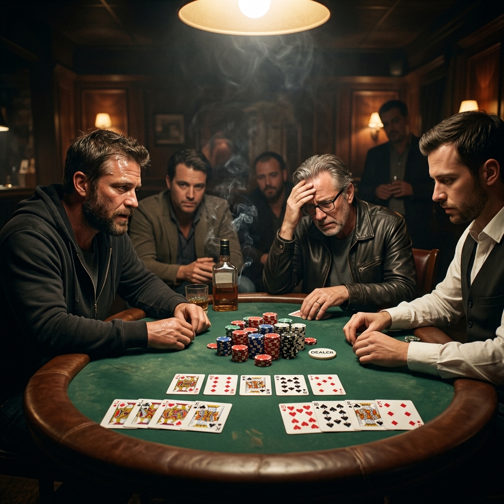 A cinematic representation of a poker game with a four of a kind beating a full house, highlighting the intensity of poker quads vs boat.