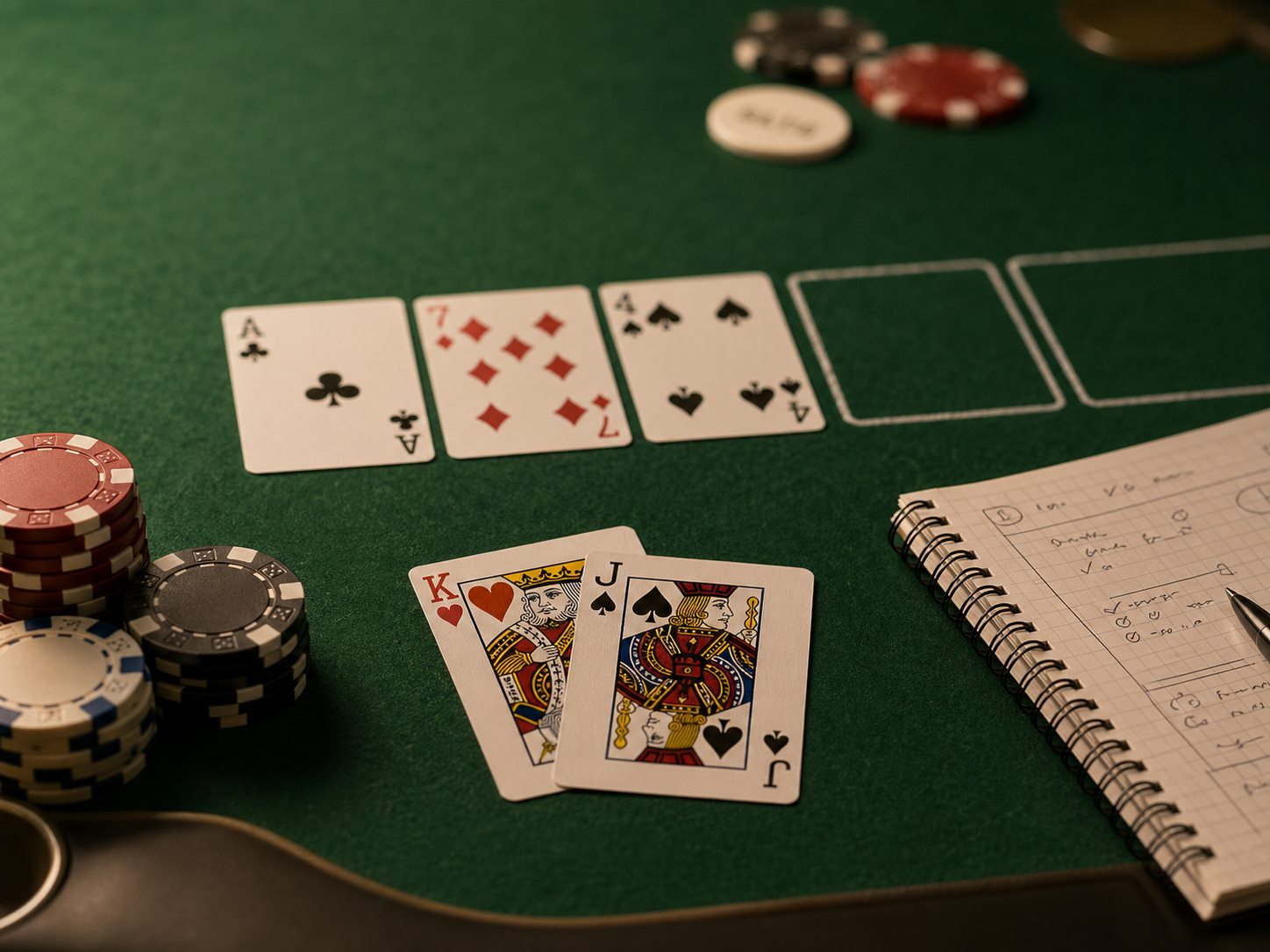Poker drill setup with cards, chips, and a strategy notebook