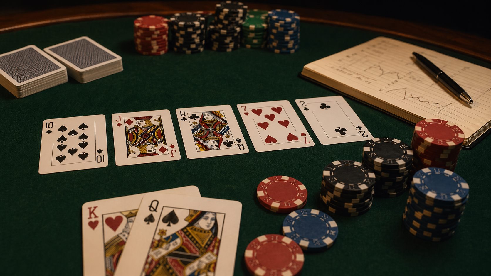 Poker chips, cards, and study notes on a green poker table