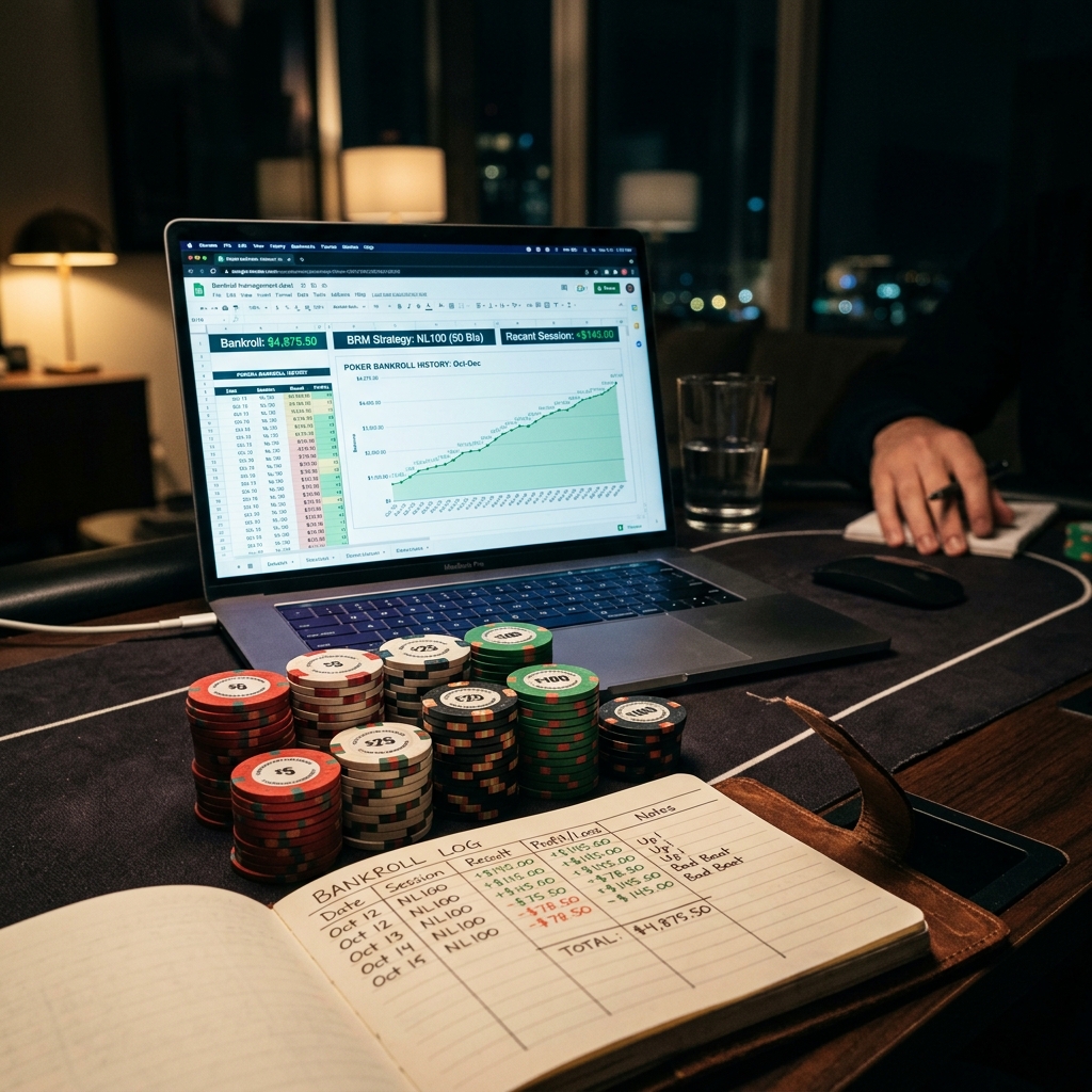 Detailed guide to online poker bankroll management showing financial risk charts and poker assets.