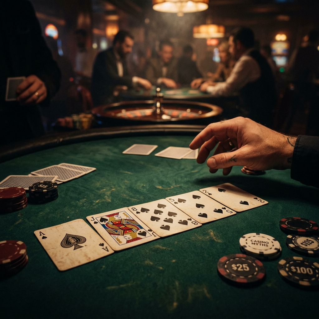 A cinematic representation of five poker cards showing a flush in spades, highlighting the strict suit requirements in poker.