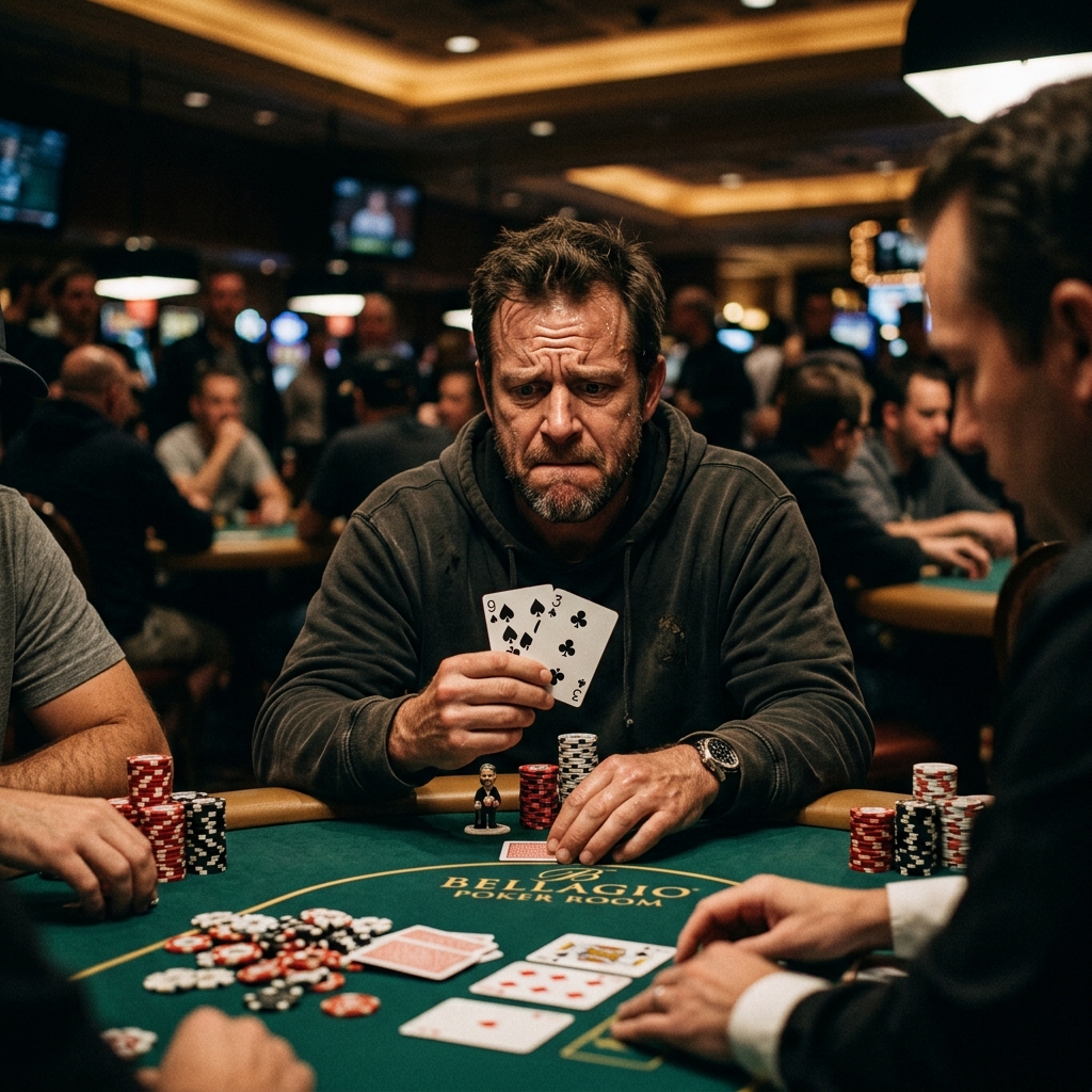 A cinematic representation of a stressed poker player holding a top pair with a weak kicker, realizing they are out-kicked.