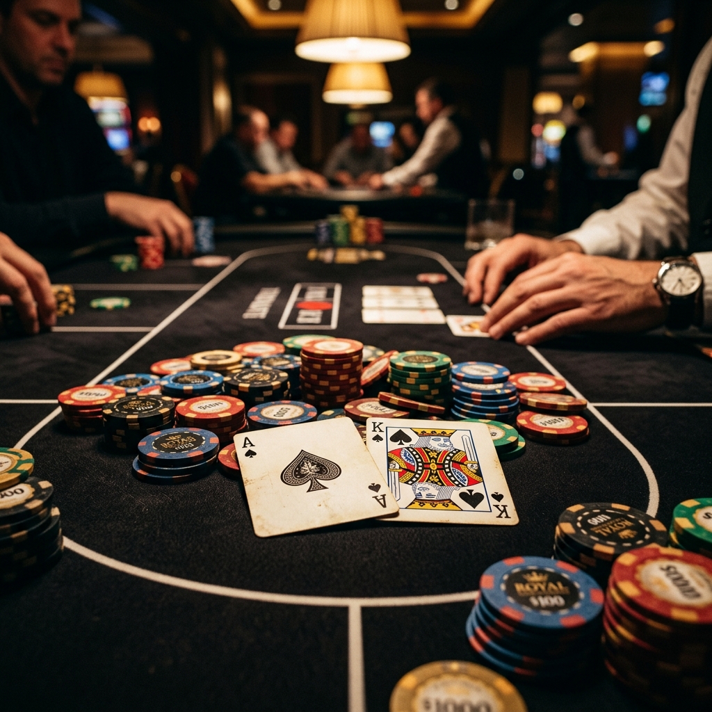 A dramatic winning poker hand on a premium casino felt table